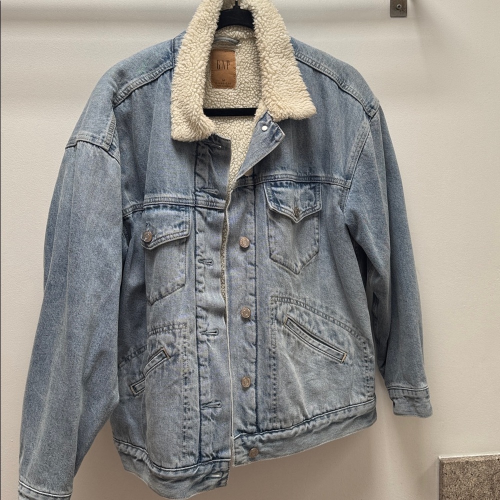 GAP Blue Jean Jacket with White Sherpa Collar